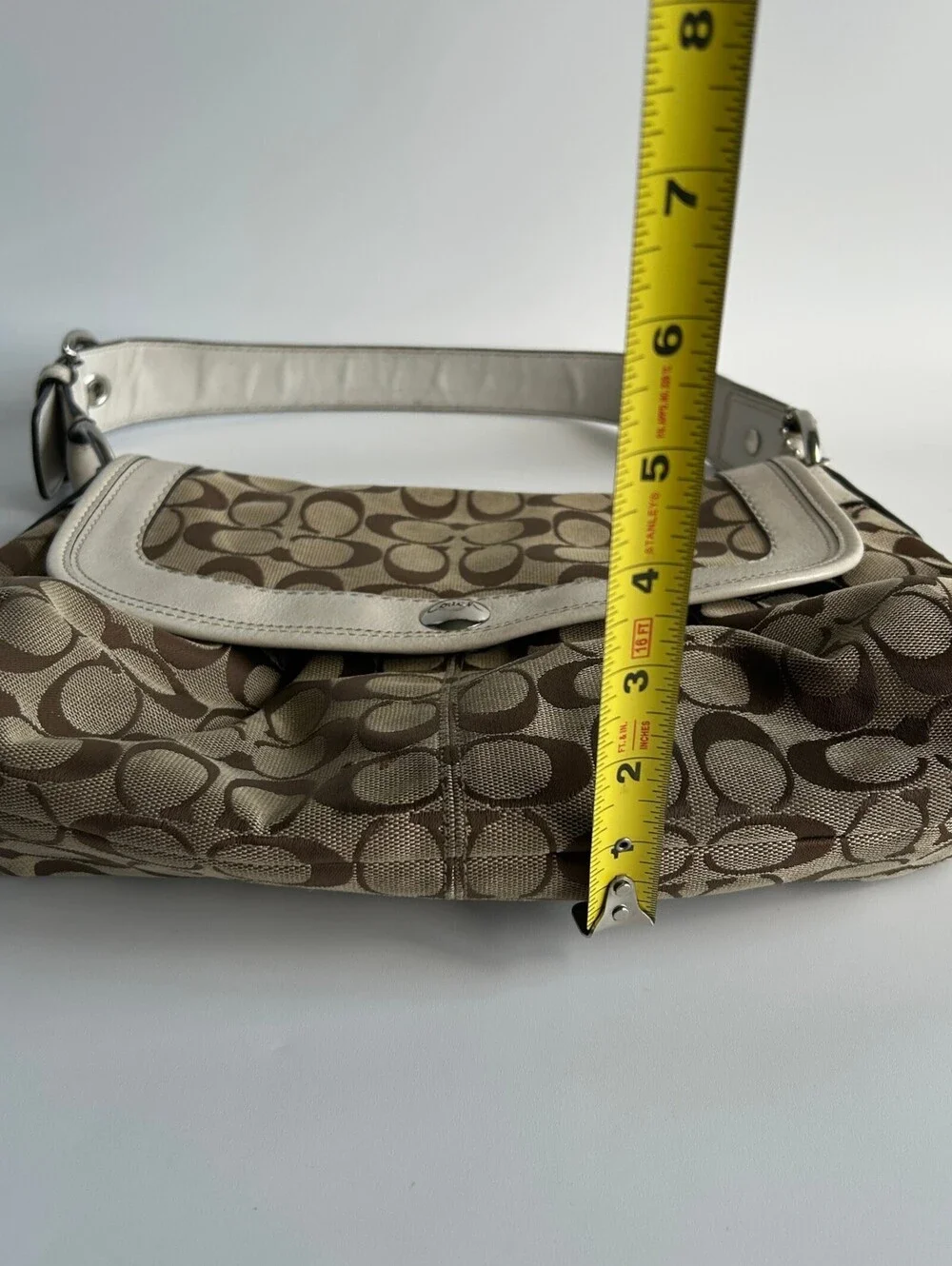 Coach Soho Signature Flap Shoulder Bag Khaki Canvas White Leather Trim